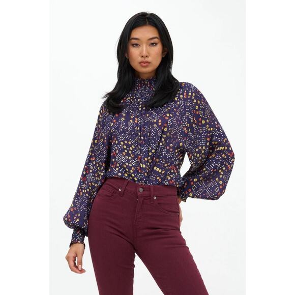 NWOT Oliphant Mandarin Balloon Sleeve Blouse Shabori Indigo Size XL 100% Cotton - Picture 1 of 11